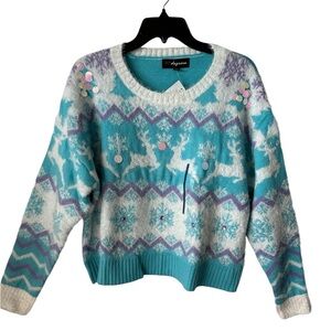 33 DEGREES Fuzzy Holiday Snowflakes Reindeer Large Scoop Crew Sweater BNWT